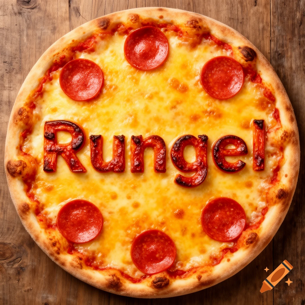 A photorealistic overhead shot of a pepperoni pizza with the name "Rungel" spelled out in pepperoni letters on a wooden table.