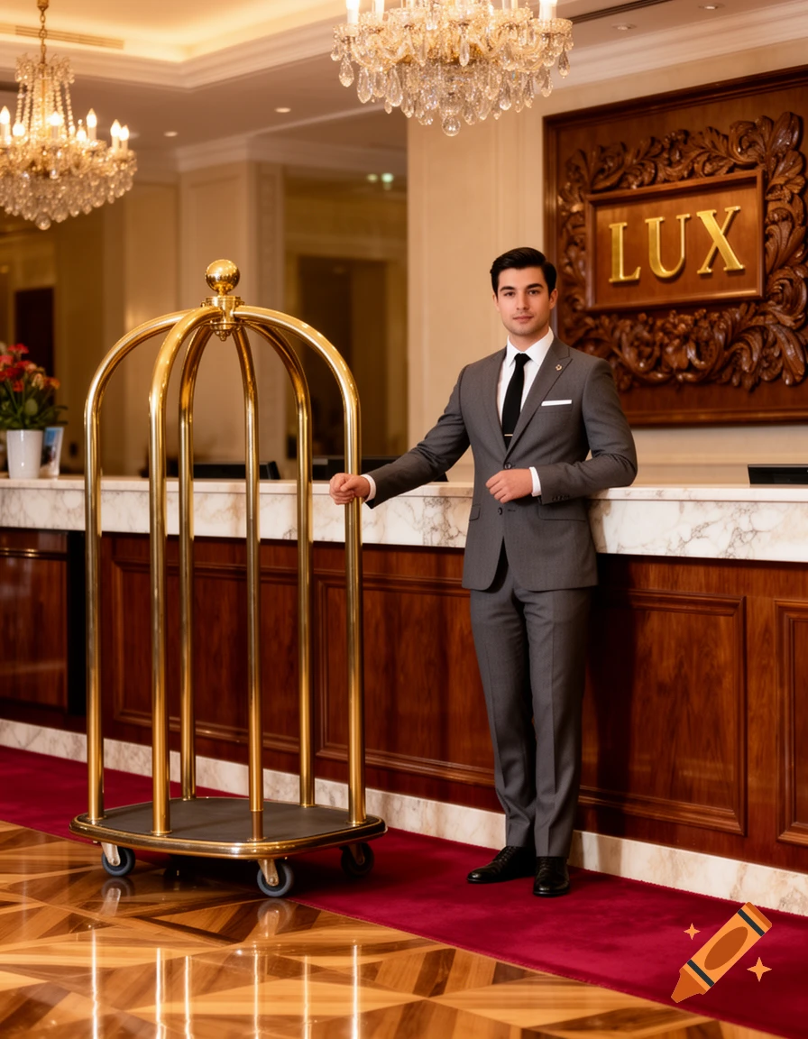 A man in a gray suit stands next to a golden bell cart in a luxurious hotel lobby with 'LUX' sign.