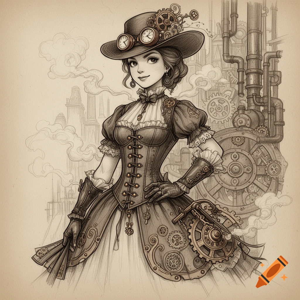 A detailed sketch of a steampunk girl in a wide-brimmed hat, corset, and gears, with a city and pipes in the background.