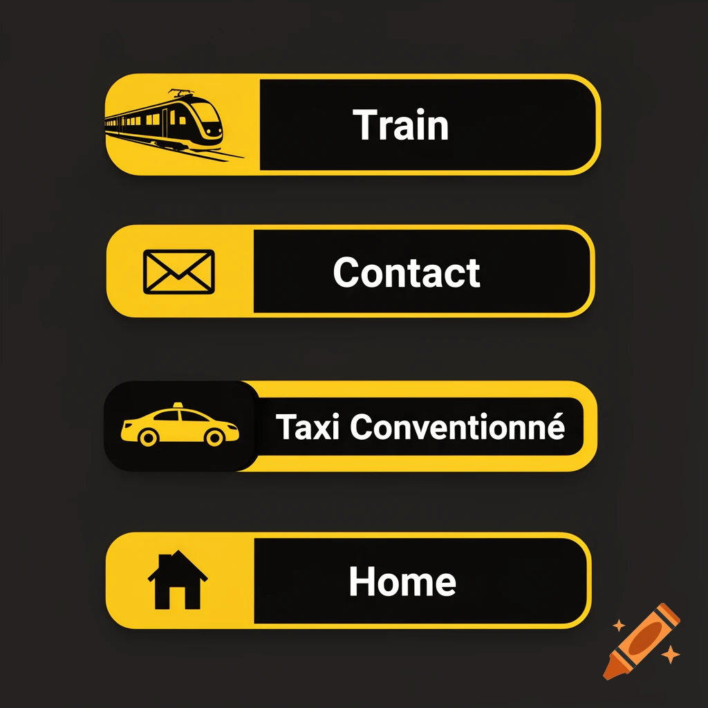 Four vertical website buttons: Train, Contact, Taxi Conventionn n , and Home, with corresponding icons in yellow and black.