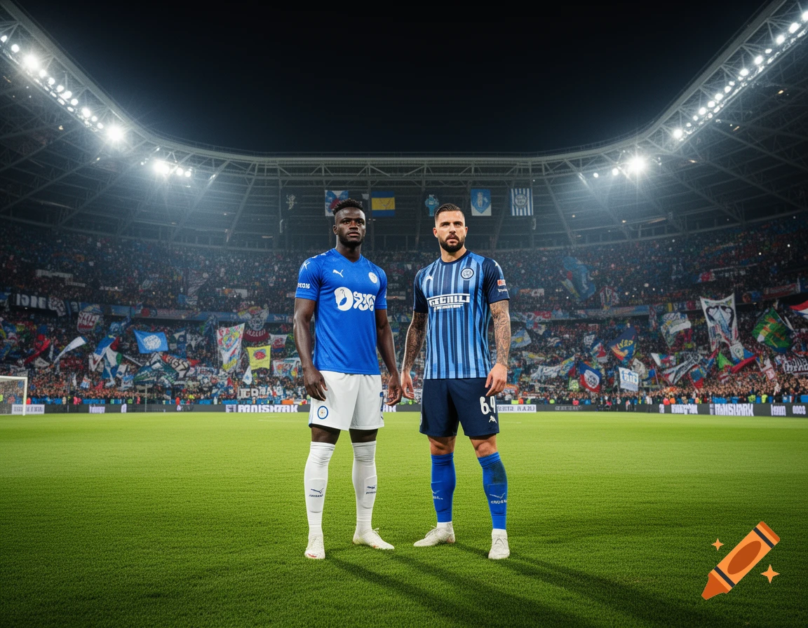 Two photorealistic male soccer players in blue jerseys stand on a green field in a large, illuminated stadium filled with a crowd.