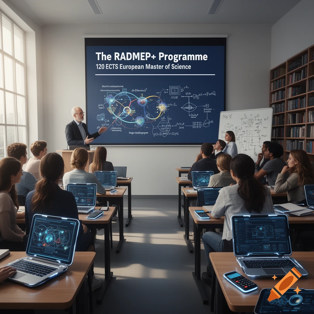 A professor lectures to students in a modern classroom, with a projector screen displaying 'The RADMEP+ Programme' and scientific diagrams.