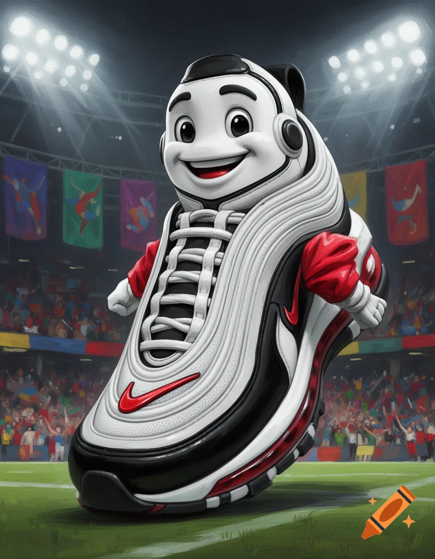 A smiling, cartoon Nike shoe mascot stands on a green field in a brightly lit stadium with a cheering crowd.