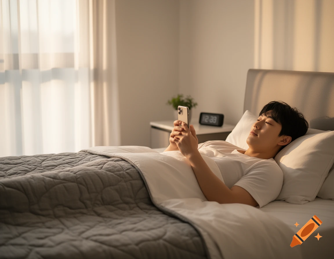 A Korean man in a white t-shirt lies in bed, looking at his smartphone in a sunlit bedroom. Photorealistic.