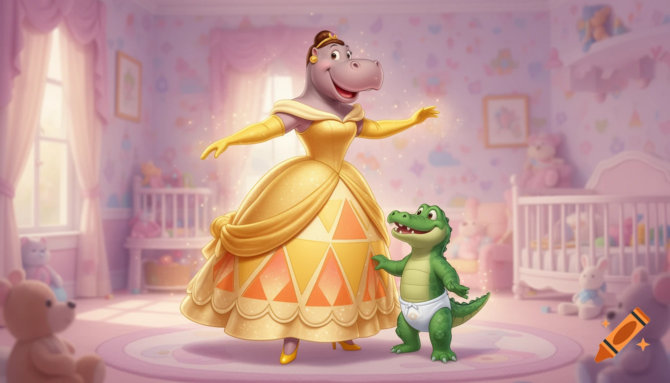 Cartoon Hyacinth Hippo as Belle, and baby alligator Ben Ali Gator in a diaper, happily posing in a pink nursery playroom.