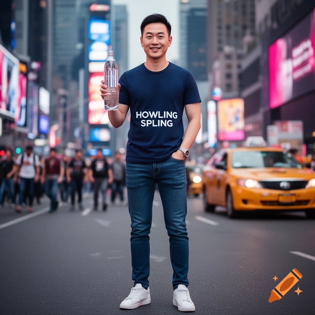 Smiling Asian man holding a 'Howling Spling' water bottle in a blue t-shirt, standing in the middle of a Times Square street.