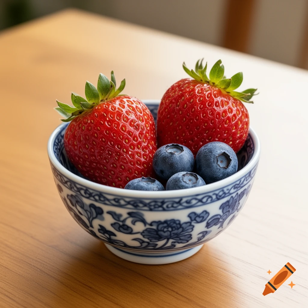 Two large strawberries and four blueberries in a blue and white patterned bowl on a wooden table.