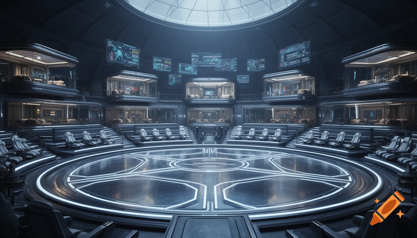 A dark, futuristic circular arena with tiered seating, glass-enclosed private lodges on upper levels, and glowing screens displaying data.
