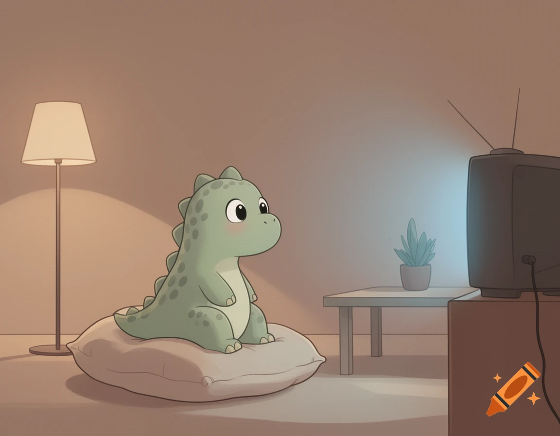 A cute green cartoon dinosaur sits on a pillow watching an old television in a dimly lit room.