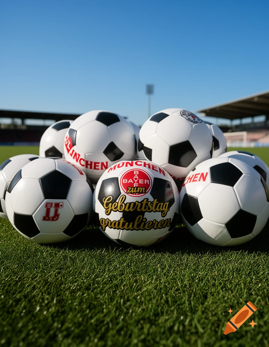 Close-up of a pile of white and black soccer balls on a green field. Some balls feature "MÜNCHEN" and "Geburtstag gratulieren" text, with a stadium visible in the background under a clear blue sky.