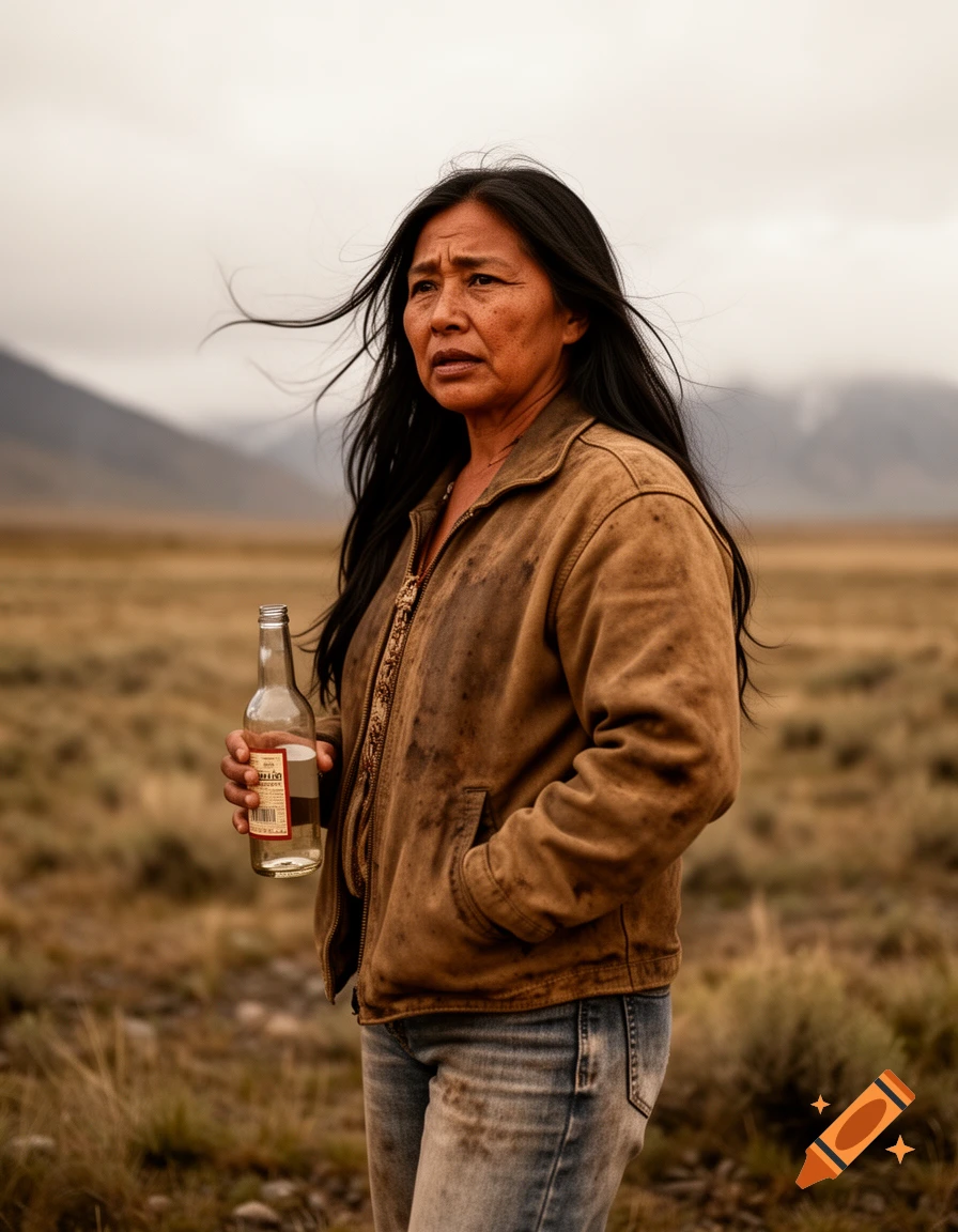 A woman with long dark hair in a brown jacket and jeans stands in a field holding a bottle, with mountains in the background.