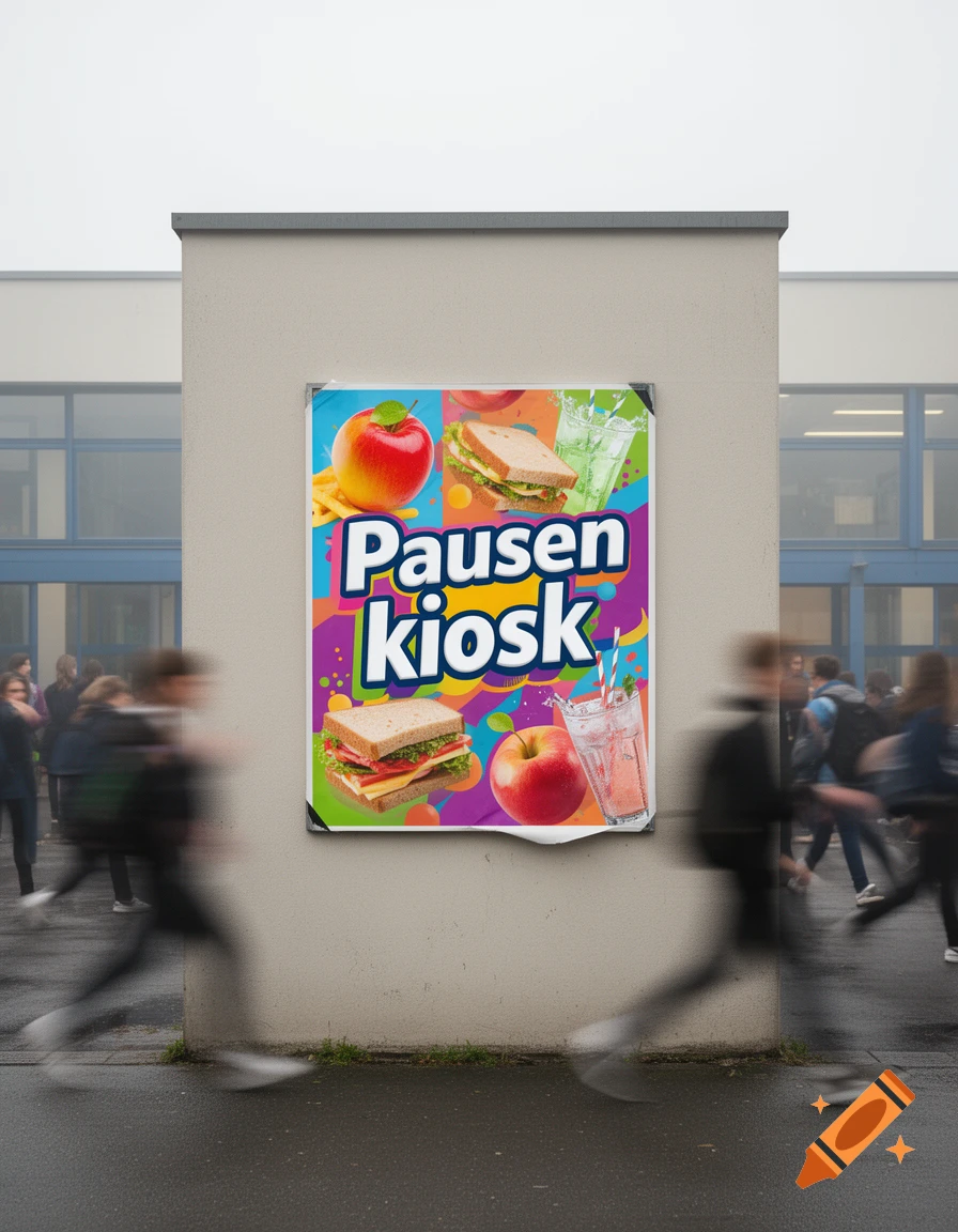 A colorful 'Pausenkiosk' poster featuring food, apples, and drinks on a concrete wall, with blurred people walking by.