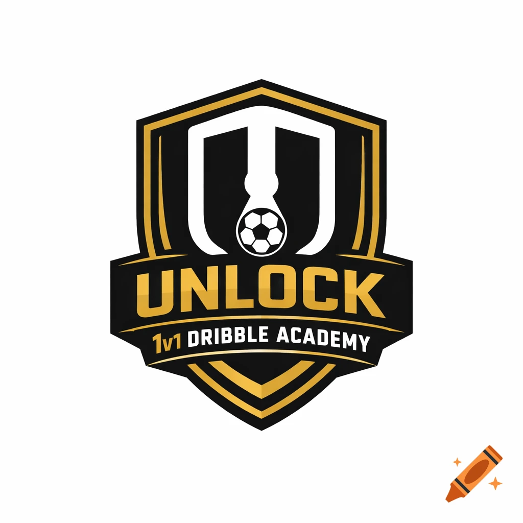 A black and gold shield logo featuring a keyhole-shaped 'U' with a soccer ball inside, and text 'UNLOCK 1v1 DRIBBLE ACADEMY'.