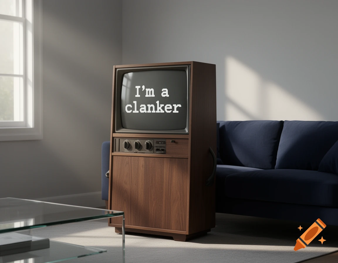 A vintage wooden television displaying 'I'm a clanker' in a dimly lit living room with a blue sofa.