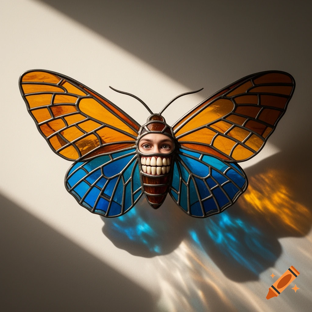 Stained glass butterfly with orange and blue wings, featuring human eyes and large teeth in its body, casting colorful shadows.