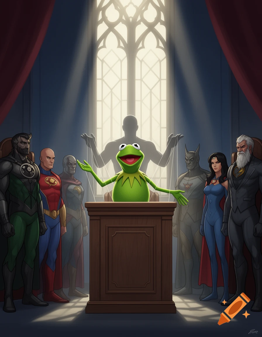 Kermit the Frog at a podium, controlled by a shadowy figure, addressing comic book heroes and villains in a formal room.