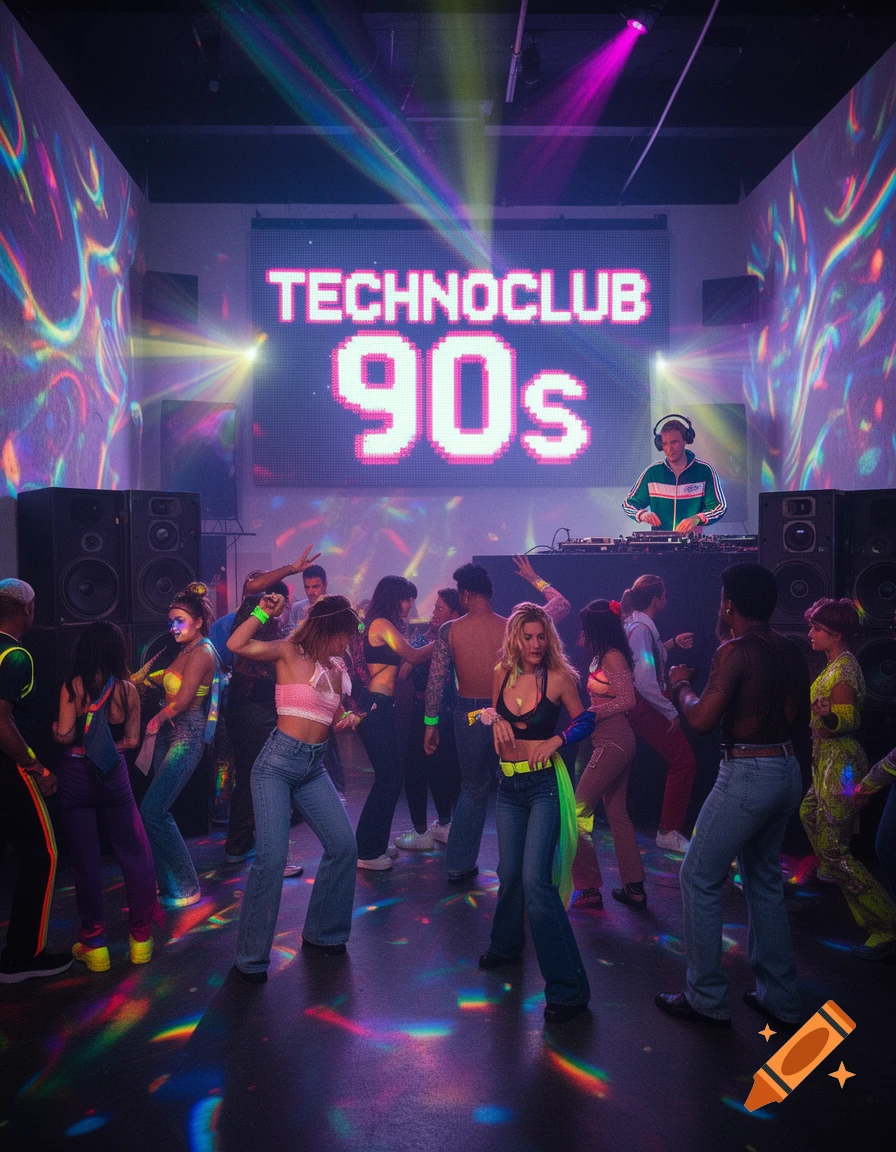 People dance at a vibrant 90s technoclub with colorful laser lights, a DJ, and 'TECHNOCLUB 90s' on screen.