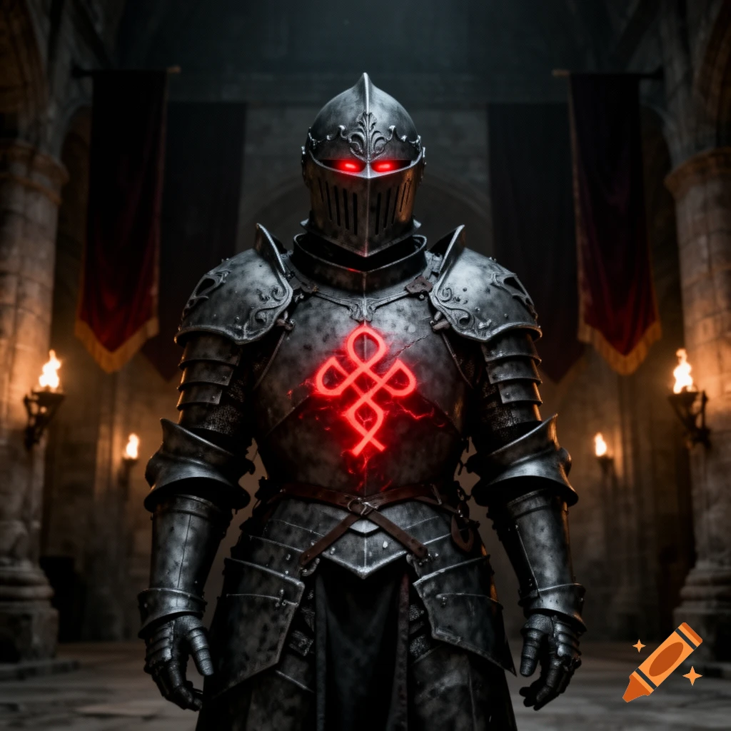 A dark templar knight in ashen black armor with glowing red eyes and a strange red symbol on its chest stands in a dim stone hall.