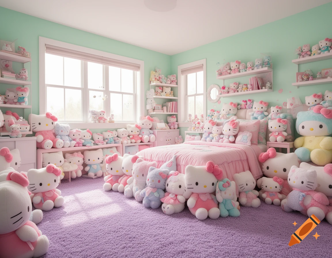 A vibrant pastel room filled with numerous Hello Kitty and Sanrio plush toys, featuring a pink bed and lilac carpet.