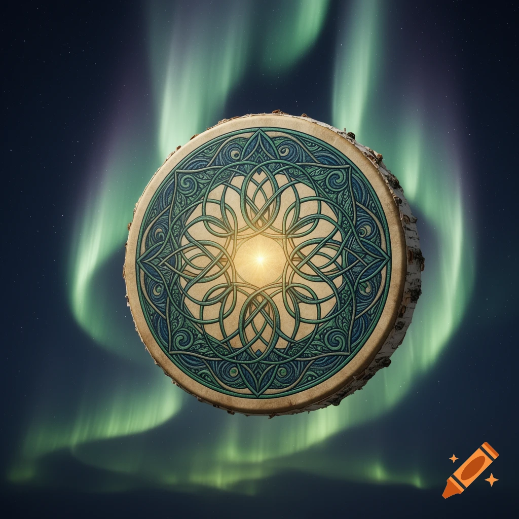 A decorative shamanic drum with intricate green and blue patterns and a glowing center, set against a vibrant green aurora borealis sky.