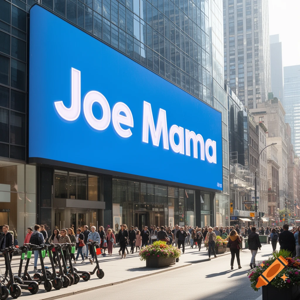 A large blue billboard with white 'Joe Mama' text on a modern glass building overlooking a busy city street with pedestrians and scooters.