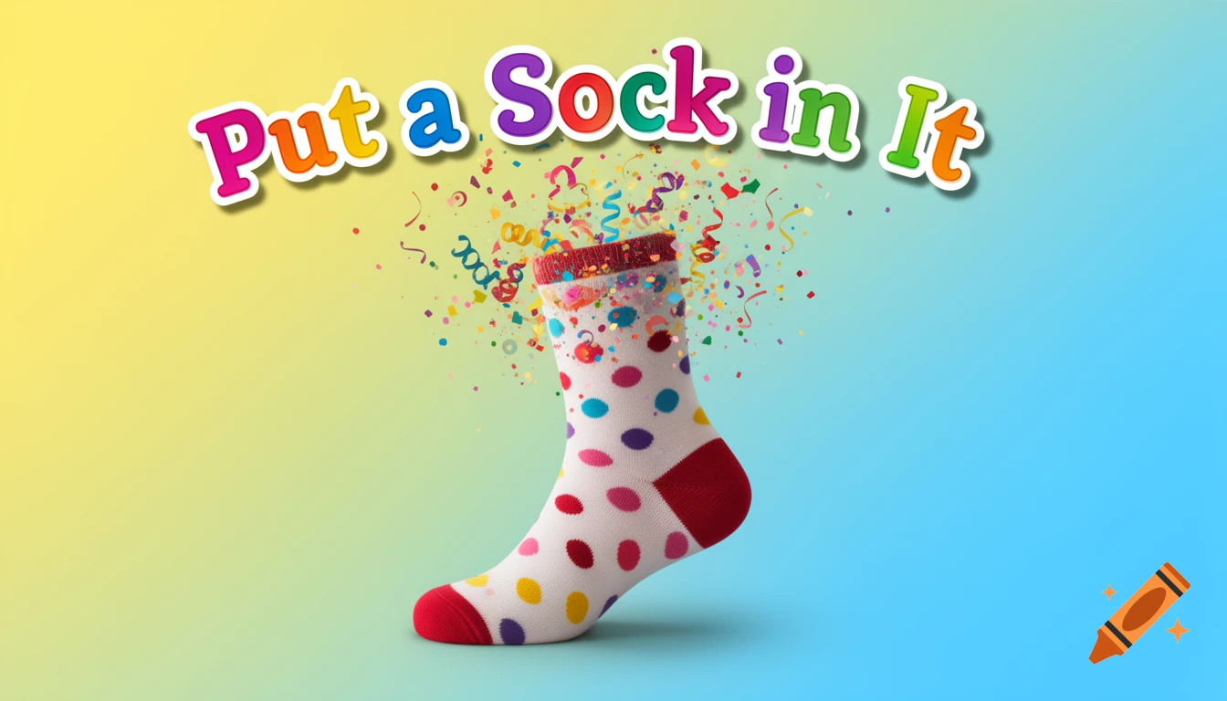 A colorful banner with a polka-dotted sock exploding with confetti, above which reads "Put a Sock in It".