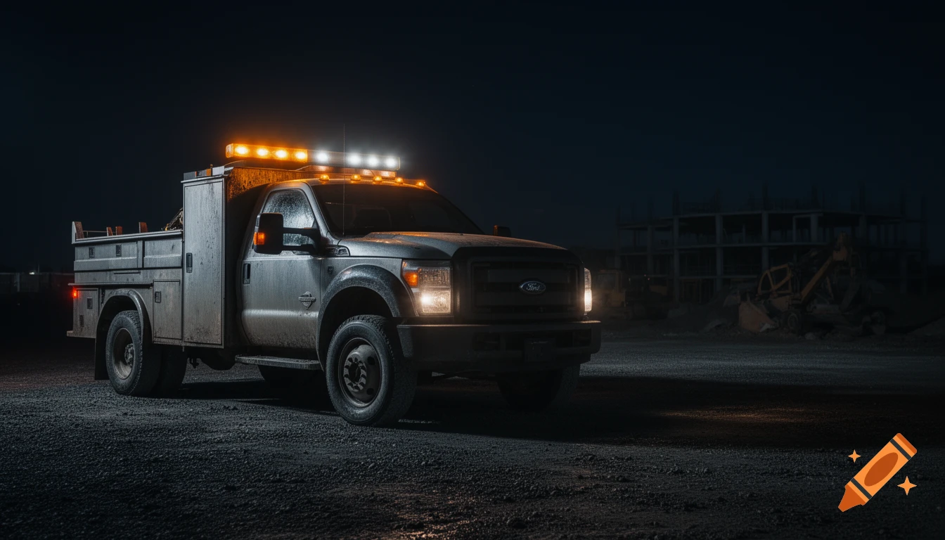 A dirty work truck with amber and white emergency lights is parked on a gravel lot at night, with a construction site in the background. Photorealistic.
