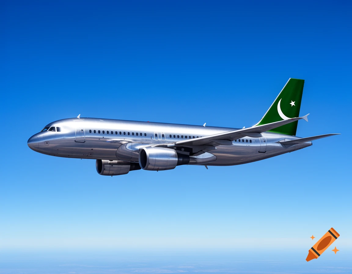 A silver airplane with the flag of Pakistan on its green tail fin, flying against a clear blue sky.
