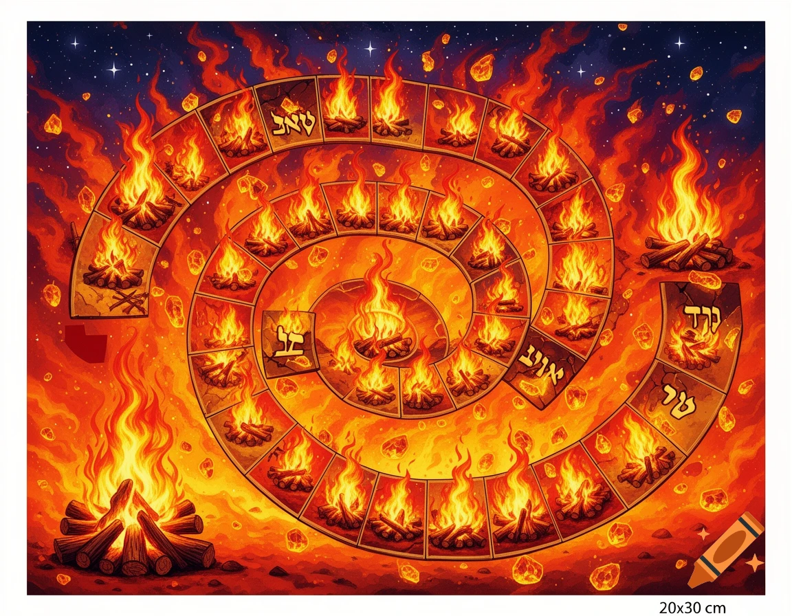 An illustrated spiral game board featuring multiple squares with bonfires and flames, set against a fiery background with a starry night sky.