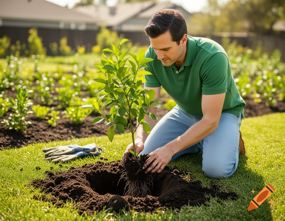 A man kneels in a sunny garden, planting a small tree in freshly dug soil. Gardening gloves rest nearby.