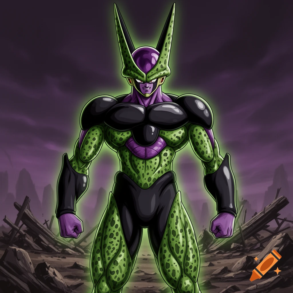 Cell from Dragon Ball Z, a green and purple humanoid insect-like character with a glowing aura, stands in a desolate landscape.