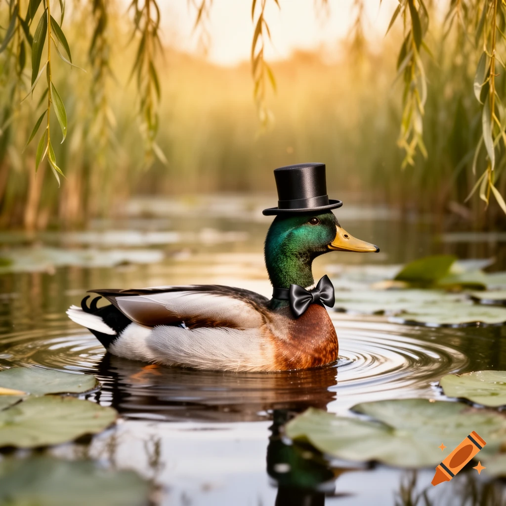 Photorealistic mallard duck in a top hat and bow tie swims in a sunlit pond with lily pads and willow branches.