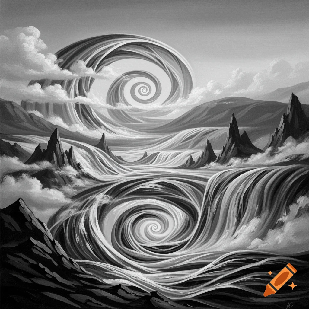 Monochrome abstract landscape featuring powerful swirling water and clouds forming large spiral patterns around jagged mountains.