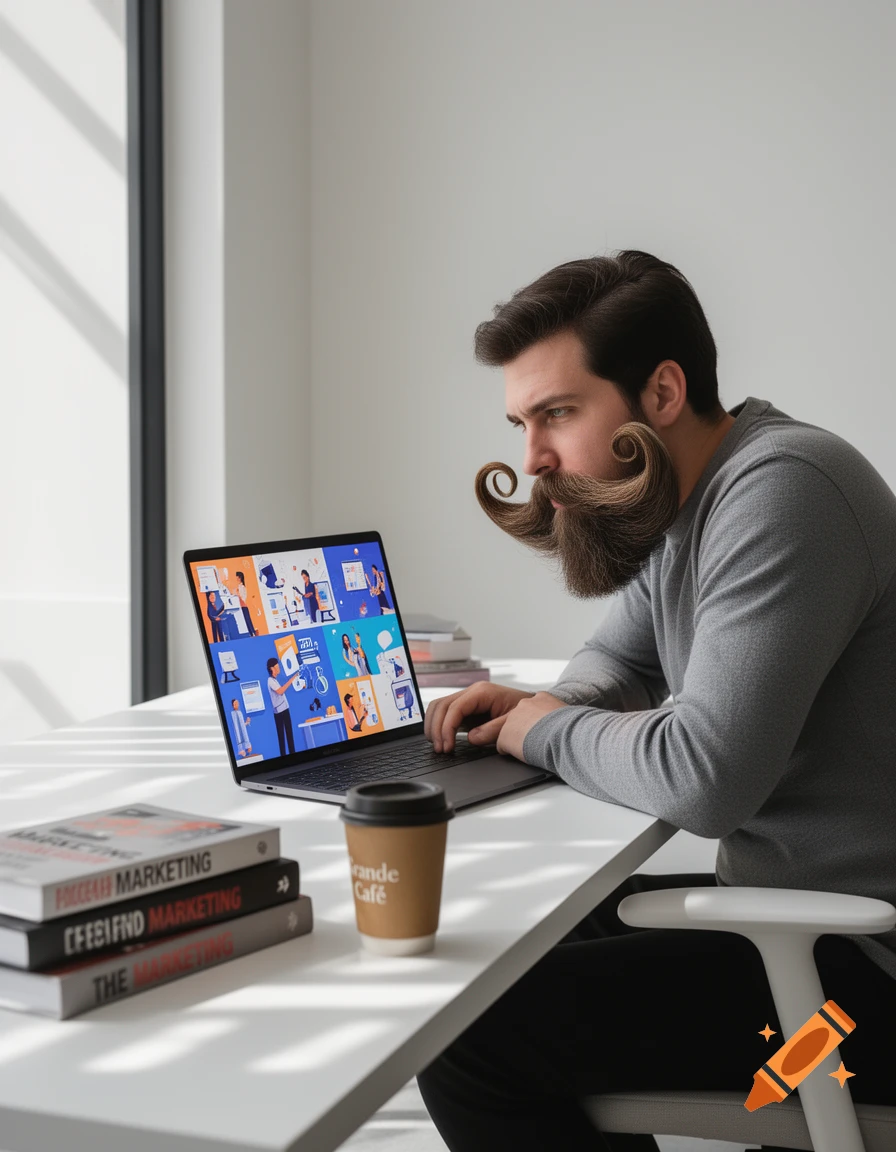 A man with a large, curly mustache sits at a desk, typing on a laptop with a video call grid, next to books and a coffee cup.