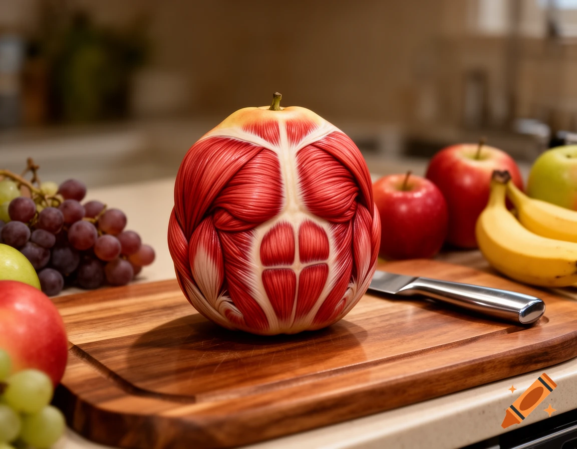 A photorealistic fruit resembling red human muscles, with visible abs, on a cutting board surrounded by grapes, apples, and bananas in a kitchen.
