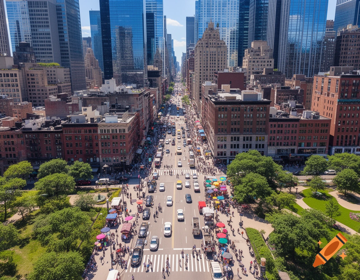 Aerial view of a bustling city street lined with skyscrapers, older brick buildings, cars, pedestrians, and market stalls under colorful umbrellas.