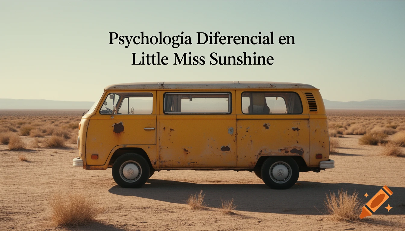 A rusty yellow Volkswagen van parked in a vast desert landscape under a clear sky, with text overlay.