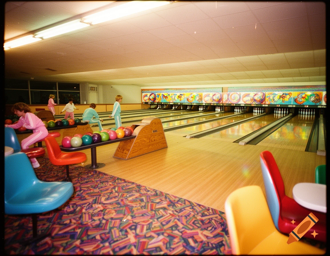 A retro 80s bowling alley scene with several people in tracksuits, bowling balls, and colorful decor.