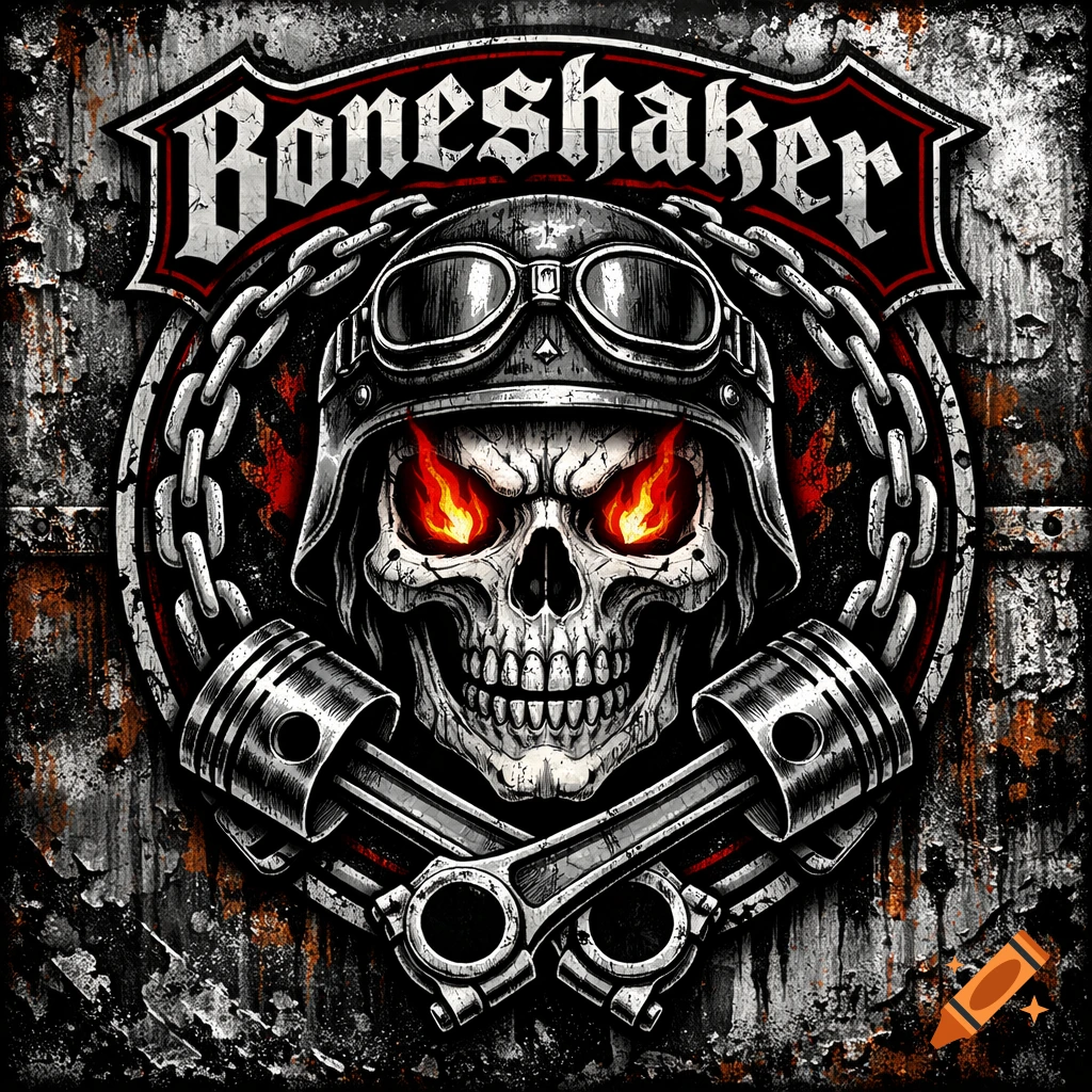 A detailed, gritty biker gang logo featuring a skull with fiery eyes wearing a helmet and goggles, framed by chains and crossed pistons, with 'Boneshaker' on a banner above.
