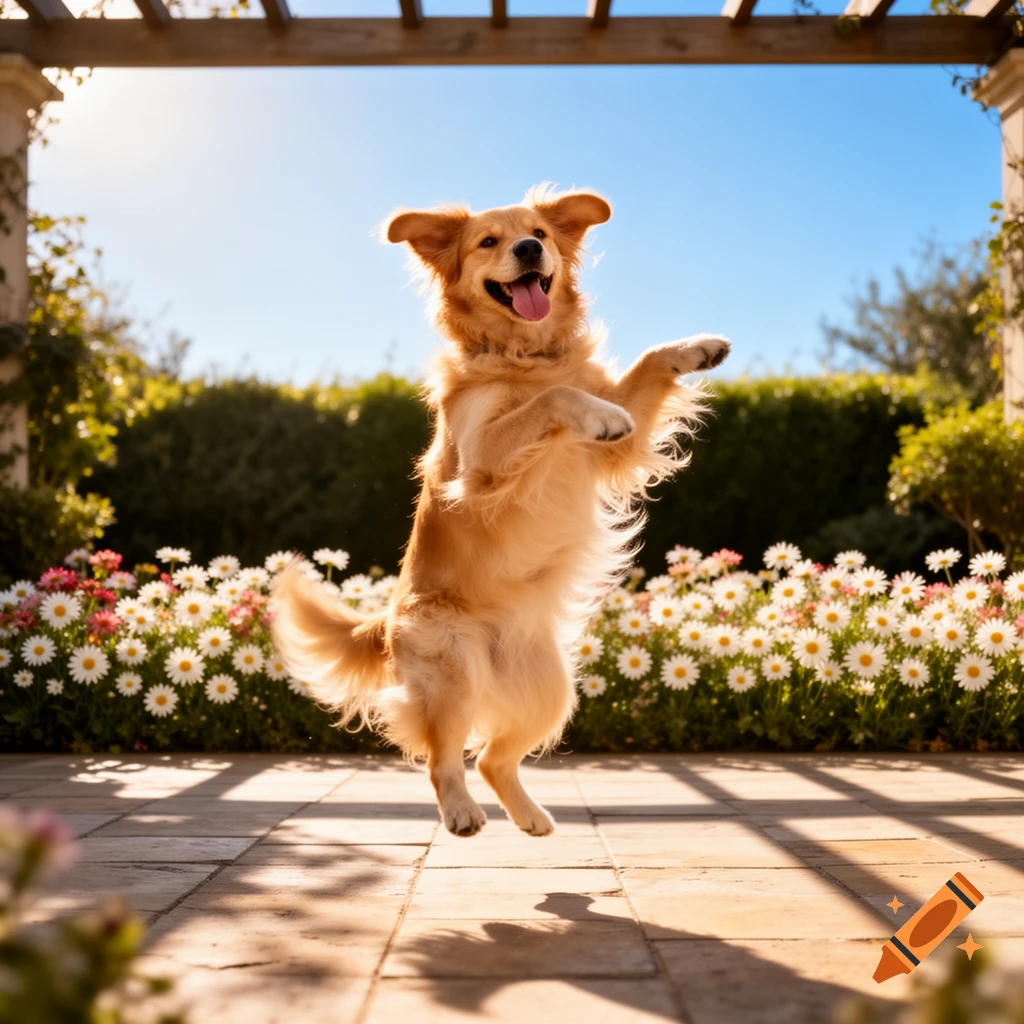 A happy golden retriever dog jumps playfully in a sunny garden filled ...