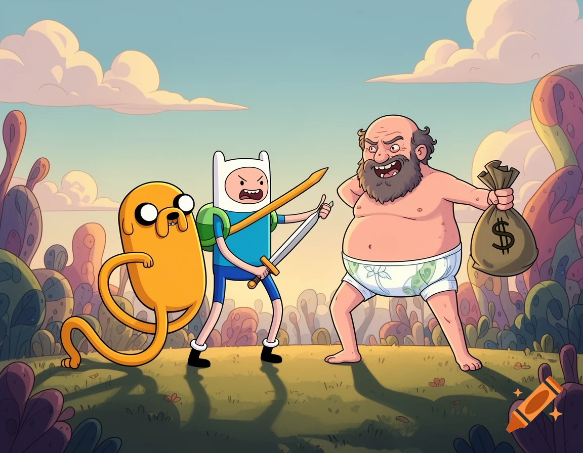 Finn and Jake from Adventure Time confront a bald, bearded man in a diaper holding a bag of money in a stylized landscape.