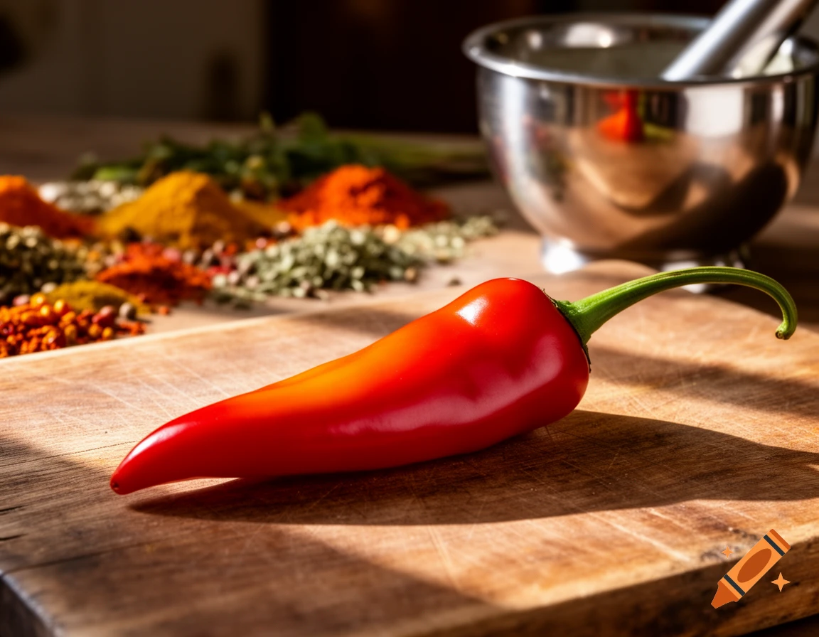 A vibrant red chili pepper resting on a wooden cutting board, with various colorful spices scattered in the background.
