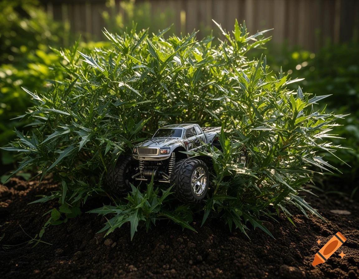 A silver toy monster truck is partially hidden in dense green bushes on dark soil, illuminated by sunlight.