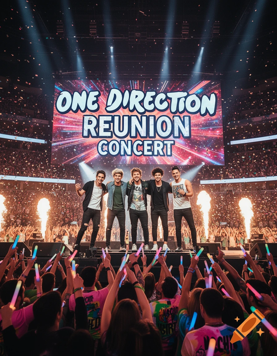 A band performs on stage at a crowded concert. A large screen displays 'ONE DIRECTION REUNION CONCERT' above them, with the audience holding glow sticks.