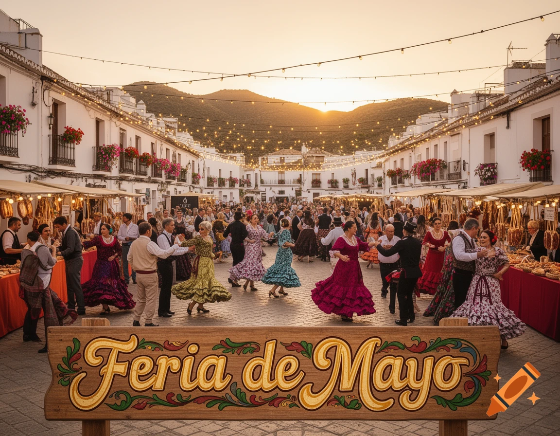 People in traditional Spanish dress dance at a vibrant 'Feria de Mayo' festival in a town square at sunset, a sign reads 'Feria de Mayo'.