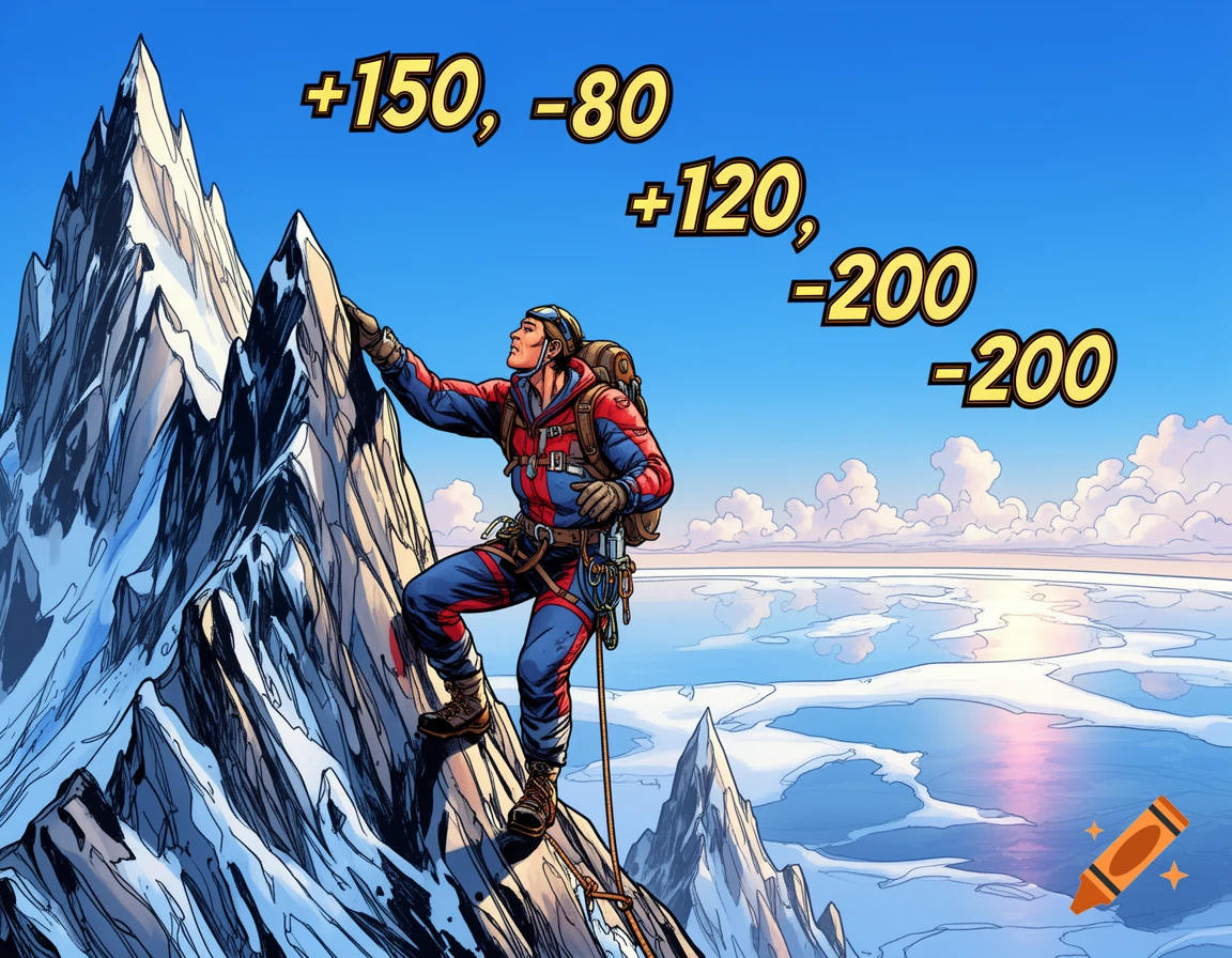 Comic book art of an alpinist climbing a snowy mountain, with "+150, -80", "+120, -200", "-200" floating in the blue sky.