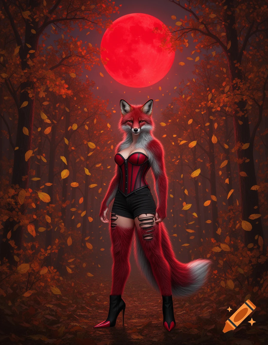A crimson and silver Were-Fox in a red corset and ripped shorts stands in an autumn forest with falling leaves under a large red moon.