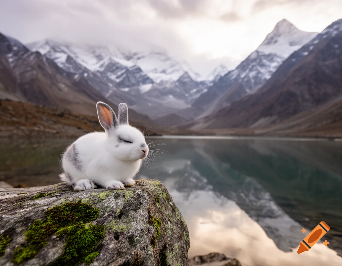 A fluffy white rabbit with gray markings sits on a mossy rock with eyes ...
