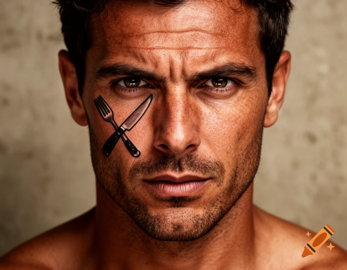 Close-up photorealistic portrait of a serious man with a crossed fork and knife tattoo on his right cheek.