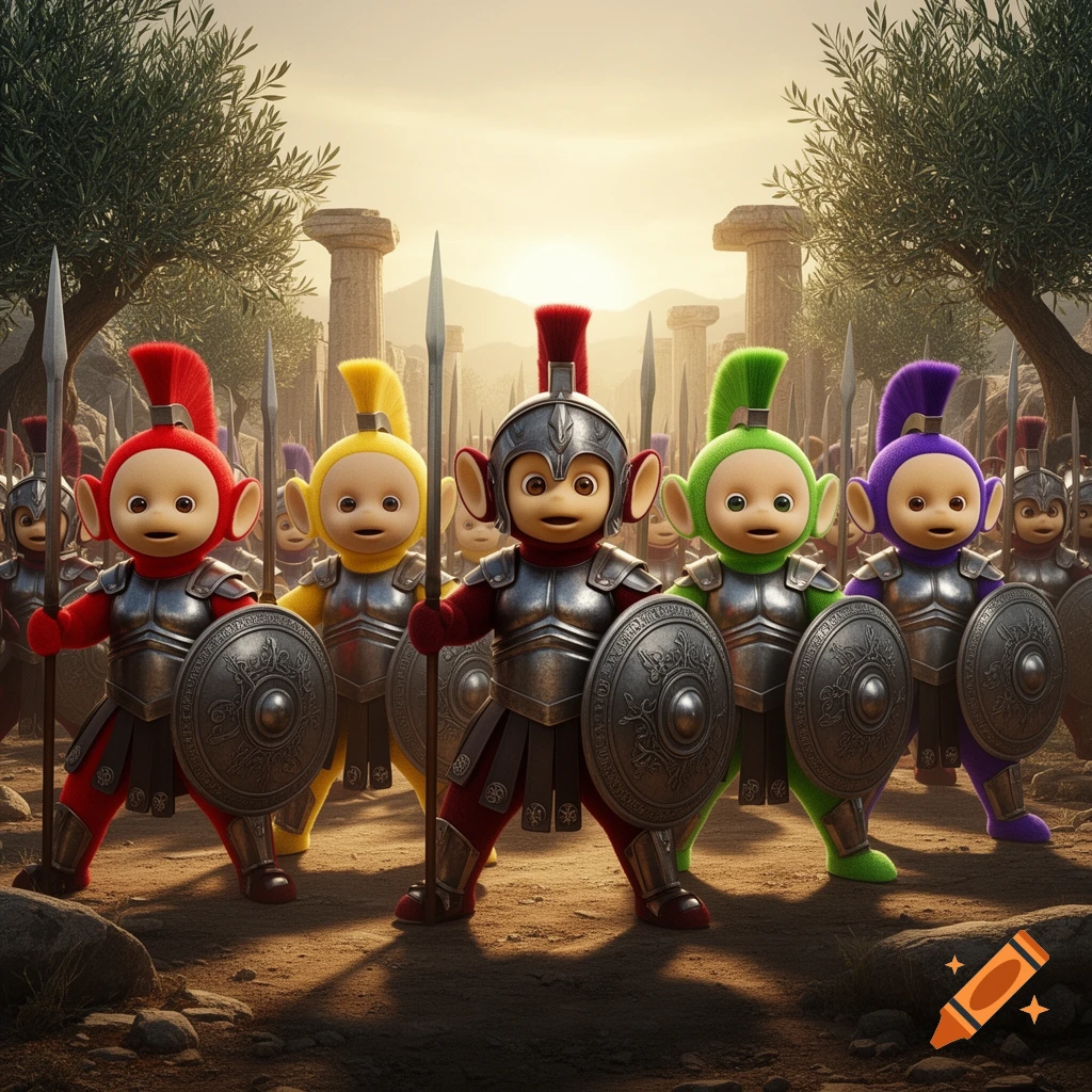 Four Teletubbies in colorful Spartan warrior armor, holding spears and shields, stand before ancient ruins and olive trees at sunset.